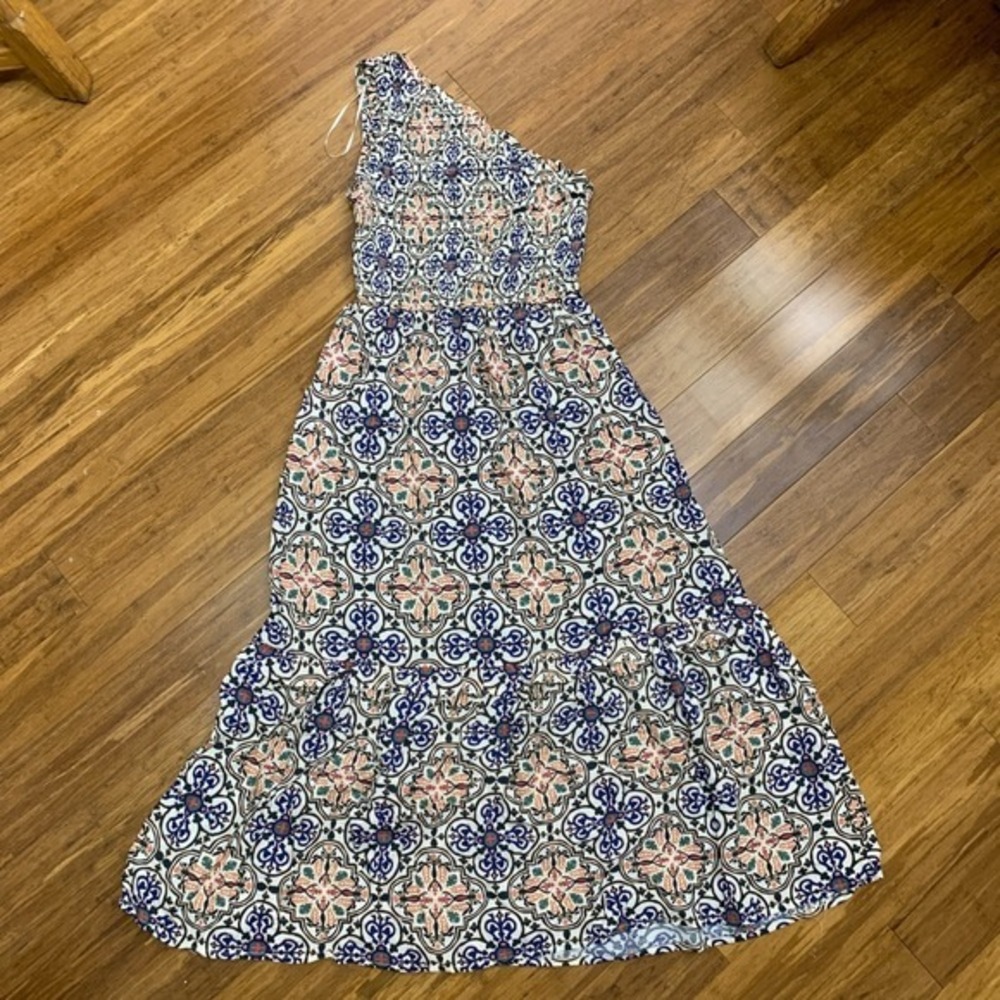 Knox Rose Maxi Dress Women XS One Shoulder Smocked Tile Print Casual Tiered Long